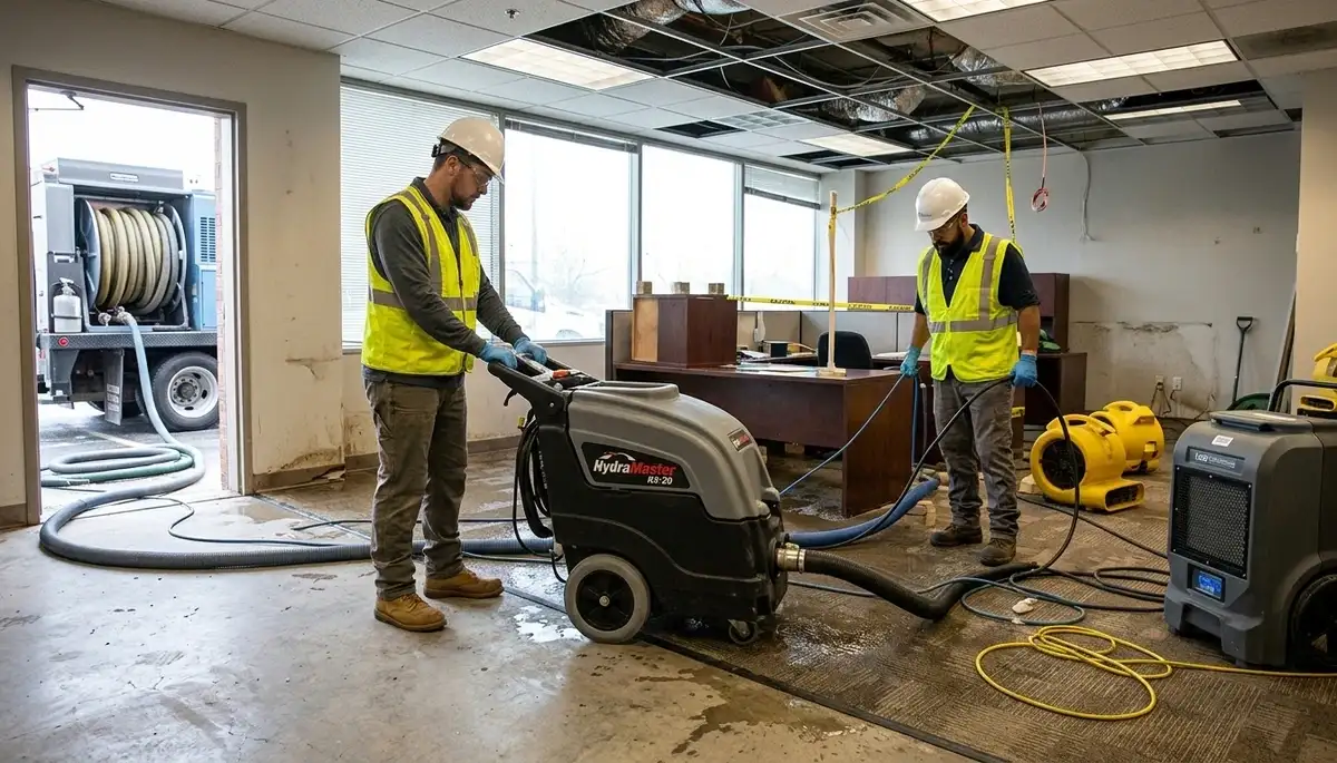 Commercial water damage restoration crew in Cedar Rapids, IA removing flood water from a business interior